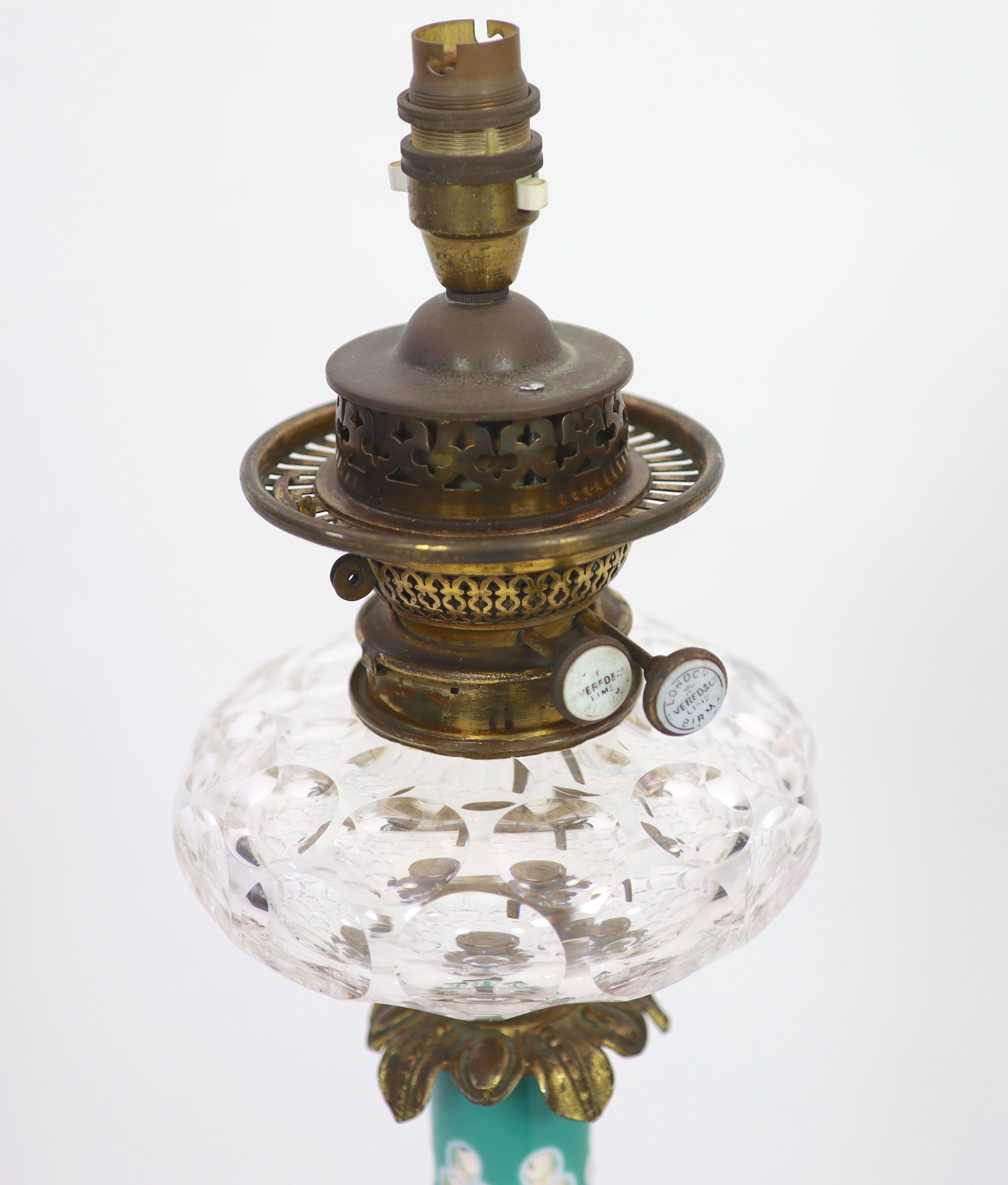 A rare ormolu mounted overlaid ‘mercury’ glass table lamp, the glass possibly by James Powell & Sons, mid 19th century, height 73cm